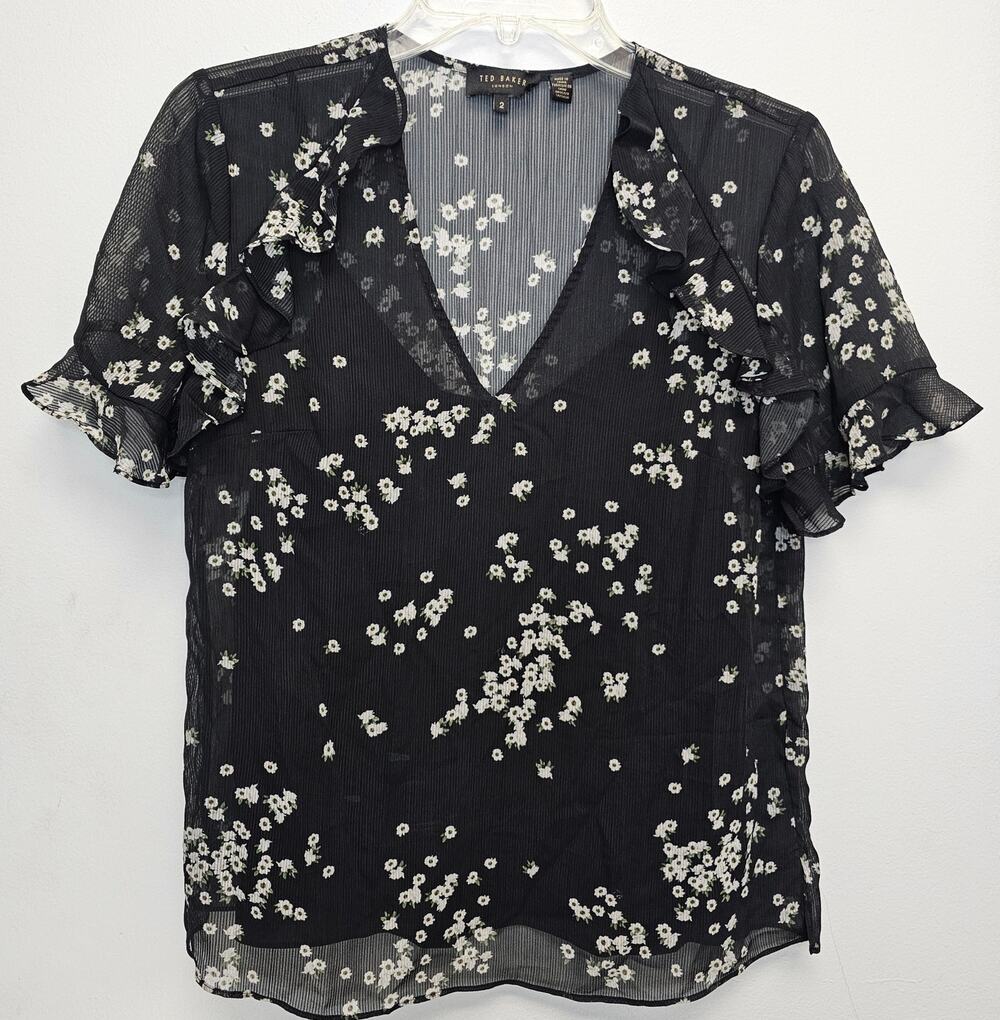 Ted Baker London Kleaa Womens Ruffle Sleeves Sheer Chiffon Floral Top-Size 2/S